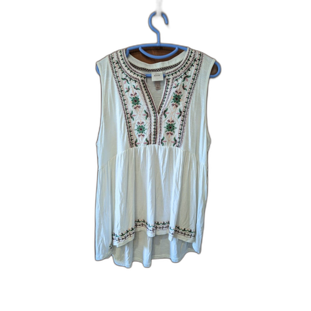 Knox Rose Heavily Embroidered Knit Shirt V Neck Sleeveless Silky White Boho Sz L
